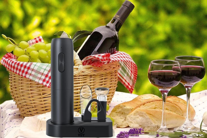 VGY Rechargeable Electric Wine Opener, 5 in 1 set with Automatic Electric Wine Bottle Corkscrew Opener, Foil Cutter, Vacuum Stopper, Wine Pourer and Storage Charging Stand - Image 5